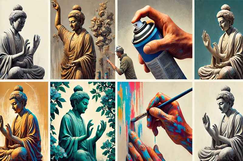 A collage of images of a person painting a statue  Description automatically generated