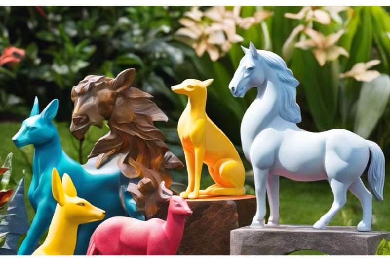 A group of colorful horses statues Description automatically generated