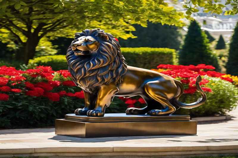 A statue of a lion in a garden  Description automatically generated