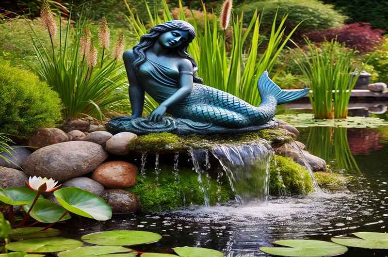 A statue of a mermaid sitting on a rock with water and lily pads  Description automatically generated