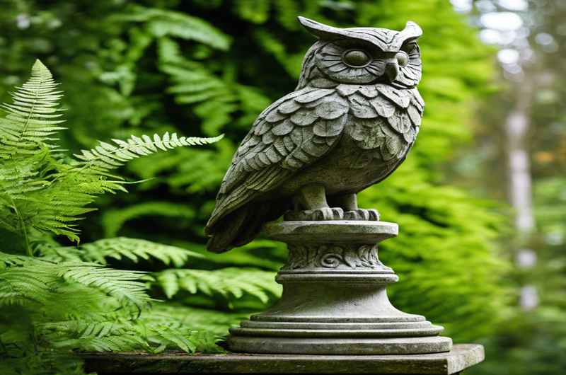 A statue of an owl in a garden  Description automatically generated